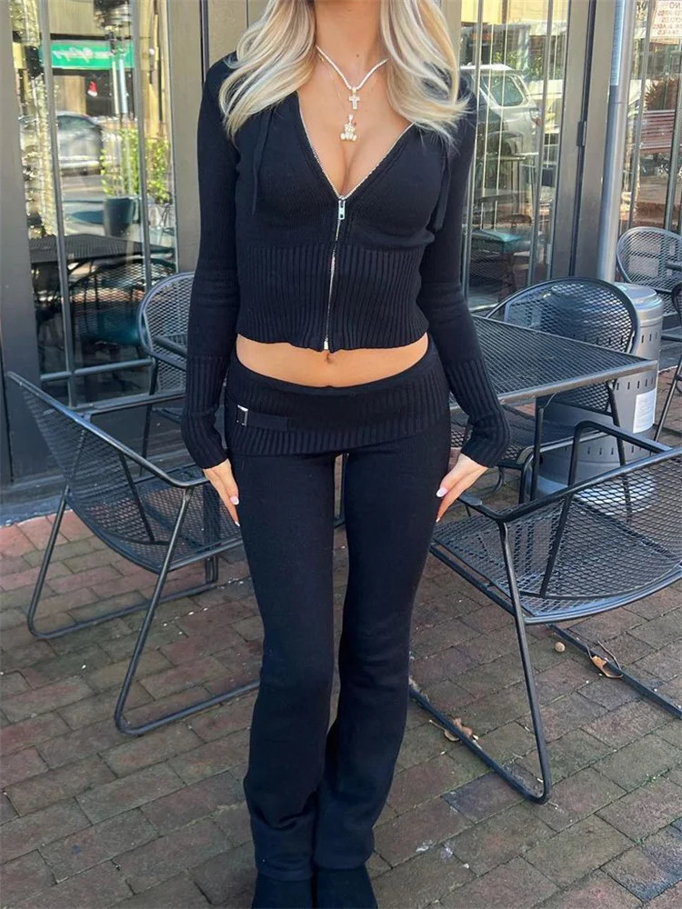 Womens Long Sleeve Zipper Hoodie High Waist Flare Pants Knitted Casual Suit Spring Outfits 2Piece Set Tracksuit 240712