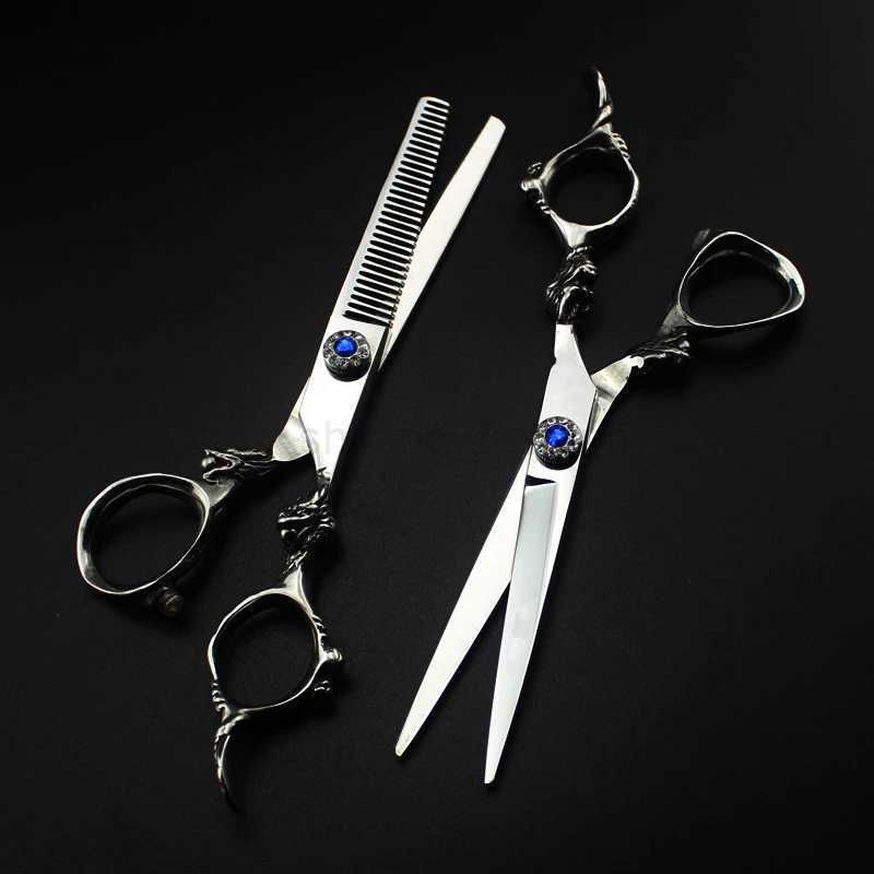 Professional Japan 440c 6 gem dragon hair cutting scissors haircut thinning barber haircutting shears Hairdresser scissorsCL240715 H260303
