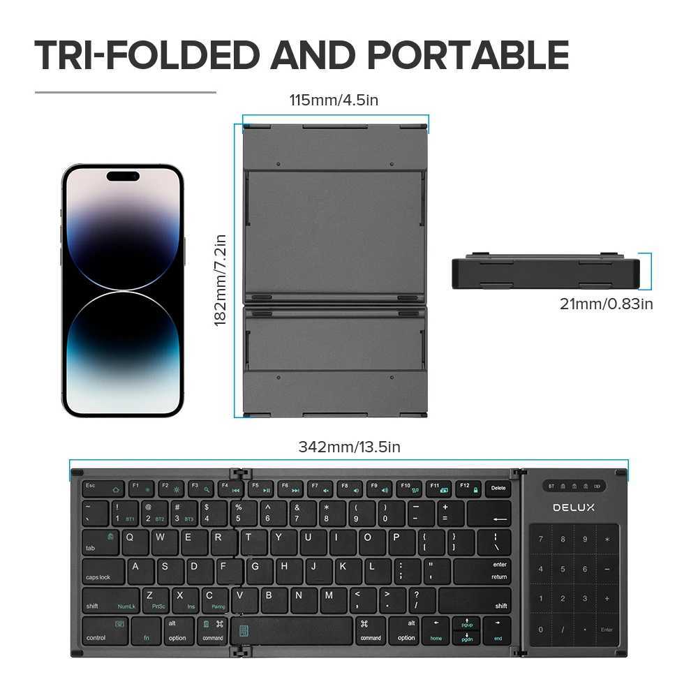 DeLUX KF17 Folding Keyboard Full Size Wireless Bluetooth Keyboard with 2-in-1 Touchpad Portable Compatible Multi-Device KeyboardM240715