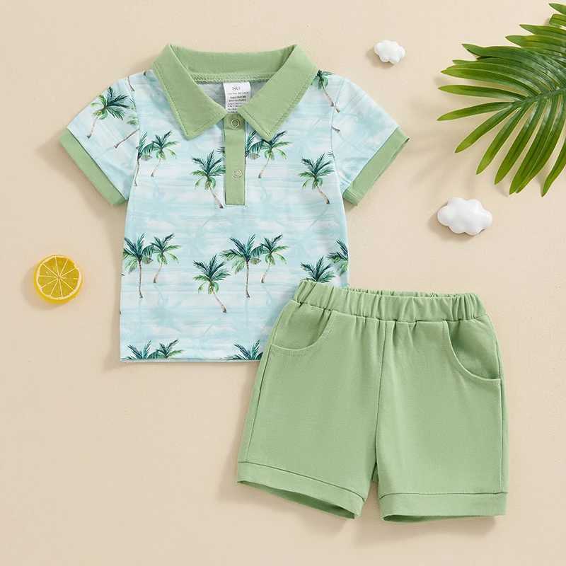 Clothing Sets 2024-04-01 Lioraitiin 6M-3Y Summer Baby Boys Clothes Set Short Sleeve Tree Print Shirt with Elastic Waist Shorts Outfit