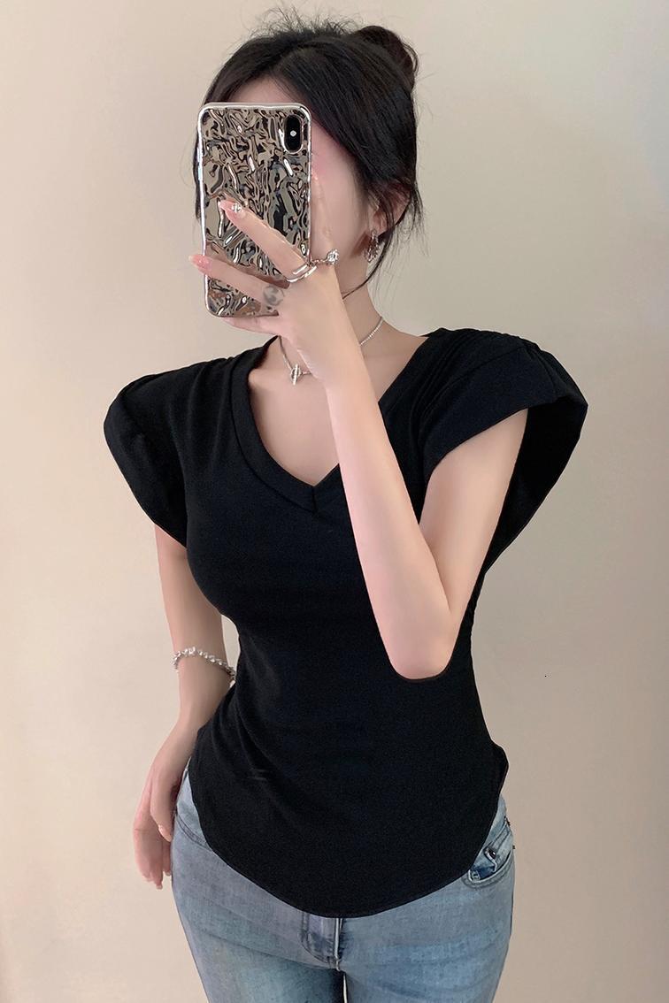 2024 V-neck T-shirt for women, irregular sleeveless vest, mid to long length, slim fit and slimming, spicy girl short sleeved top