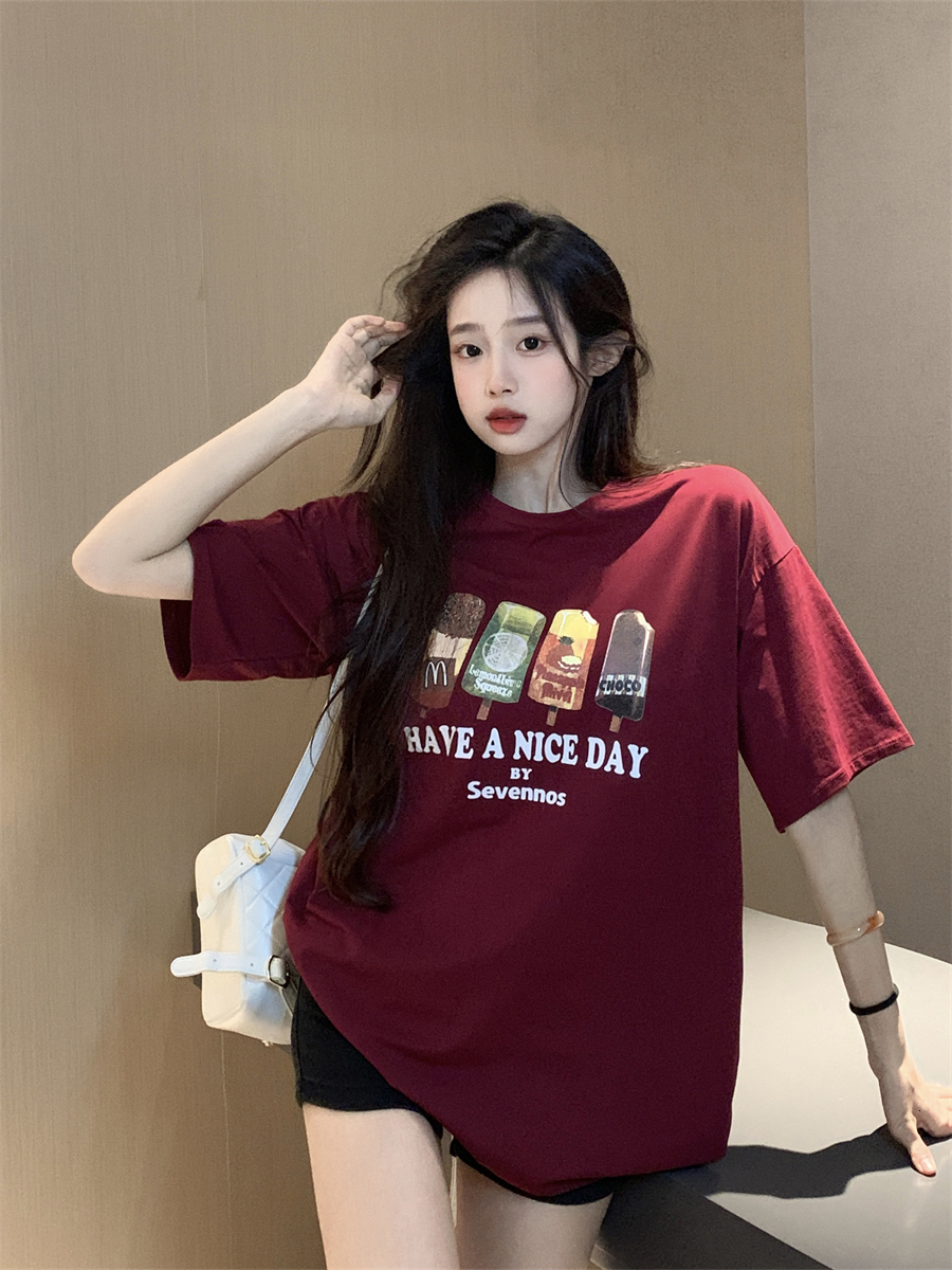 Summer lazy style casual fun printed loose short sleeved red T-shirt for women