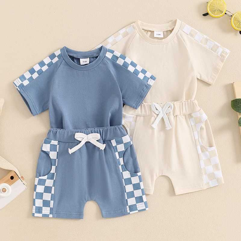 Clothing Sets Baby Boys Summer Outfits Checkerboard Patchwork Short Sleeves T-Shirt and Elastic Shorts Set for 2 Piece Clothes Set H7GG