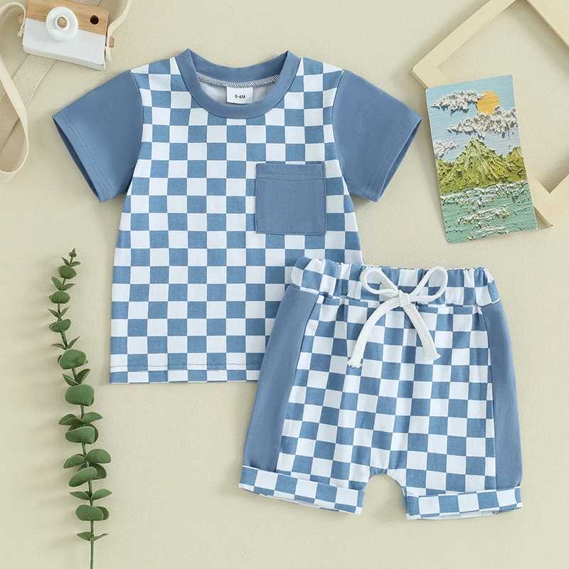 Clothing Sets 2023-12-28 Lioraitiin 0-3Y Toddler Baby Boys Summer Outfits Checkerboard Short Sleeve T-Shirts Tops and Elastic Waist Shorts Set