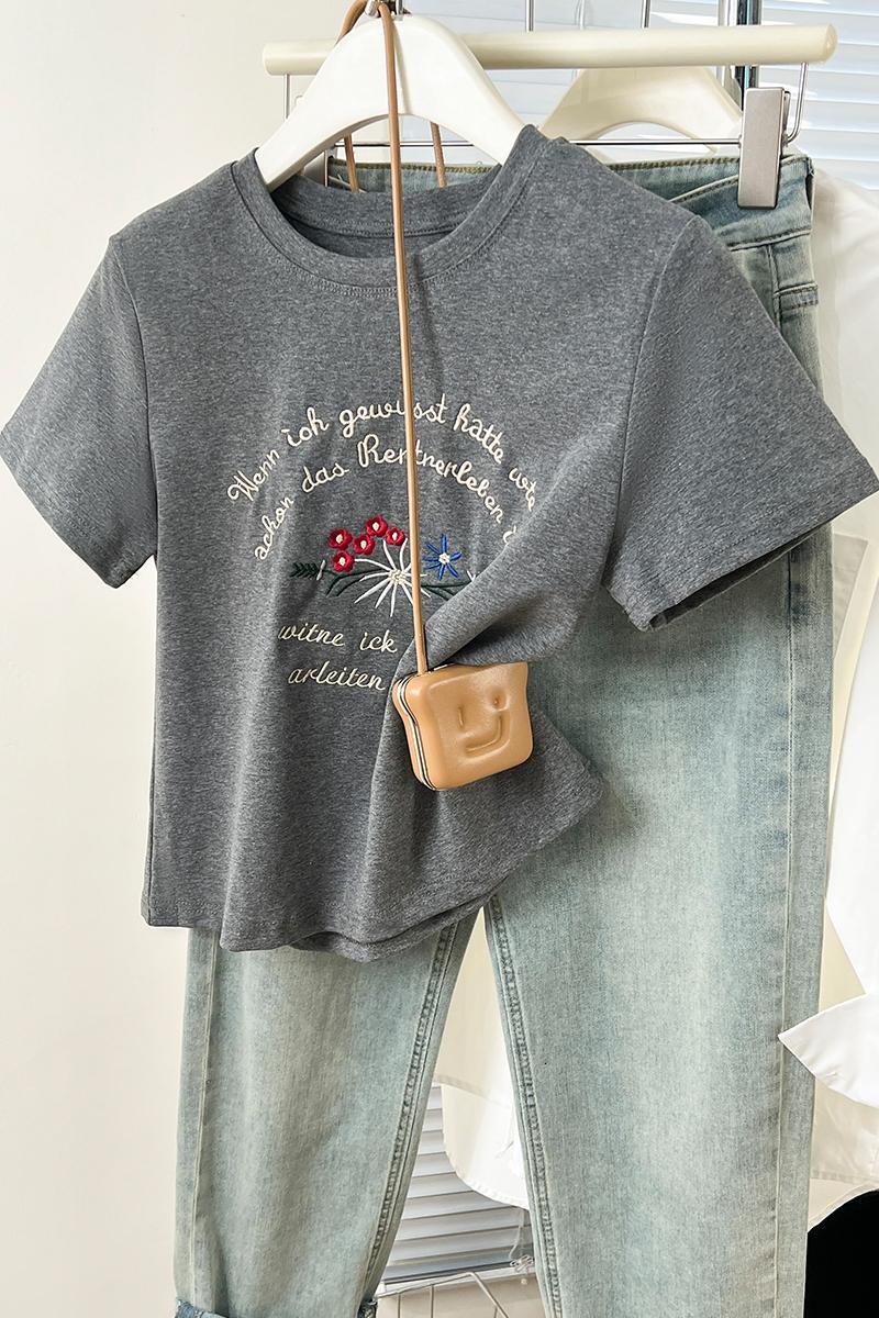 #Grey letter flower embroidery pure cotton shoulder sleeved T-shirt for women's and summer slim fit short top