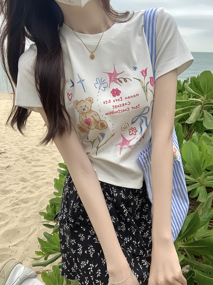 Korean version new teddy bear printed T-shirt summer casual versatile and slimming top