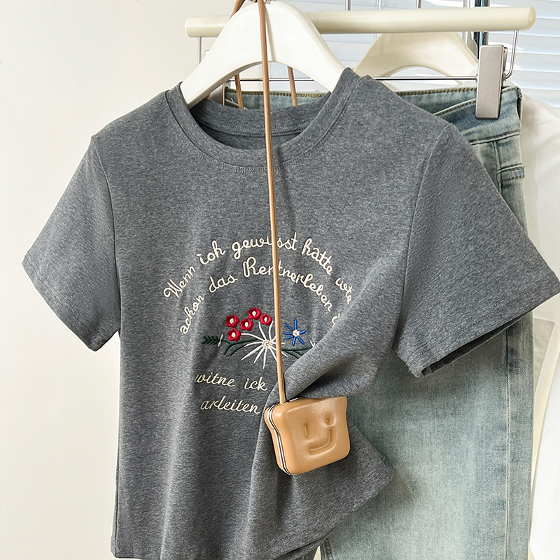 #Grey letter flower embroidery pure cotton shoulder sleeved T-shirt for women's and summer slim fit short top