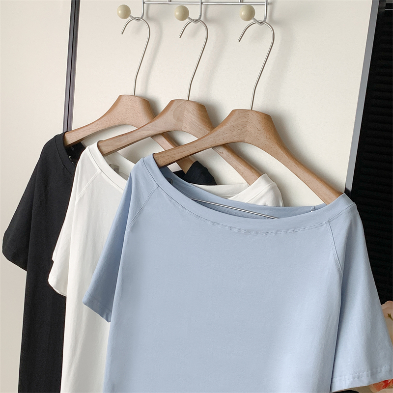 2024 Good morning, Fan Fan. Elastic collar, slanted one shoulder, two loose short sleeved T-shirt, women's summer slimming versatile thin top