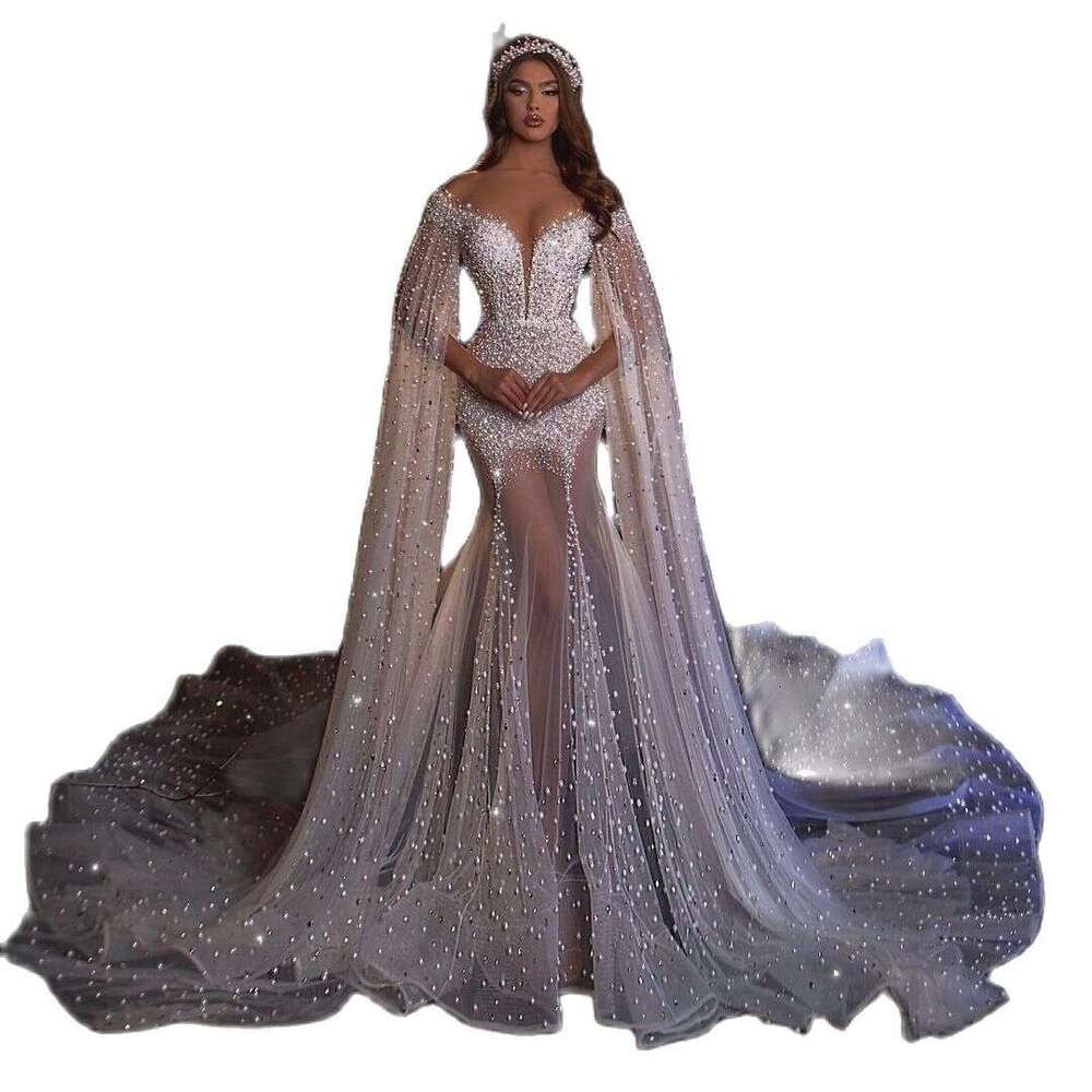 Spring Fashion Mermaid Wedding Dresses Super Long Sleeves Robe De Mariee Pearls Beads Lace Custom Made Boho Bridal Gowns