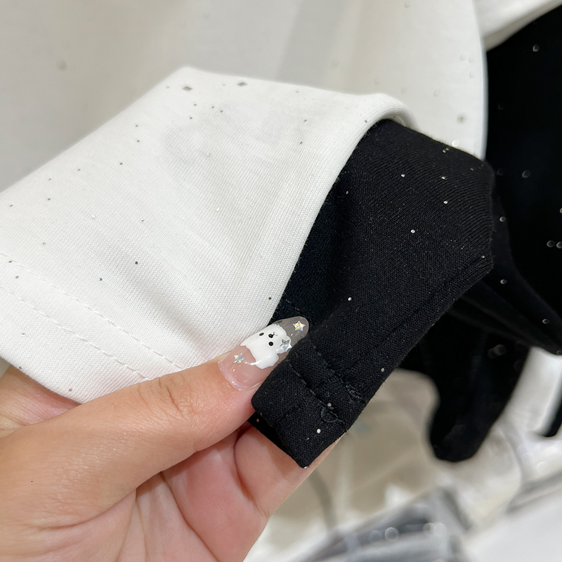 Designer's fashionable white rhinestone bow women's T-shirt pure cotton shoulder short sleeved women's summer loose T-shirt, P55