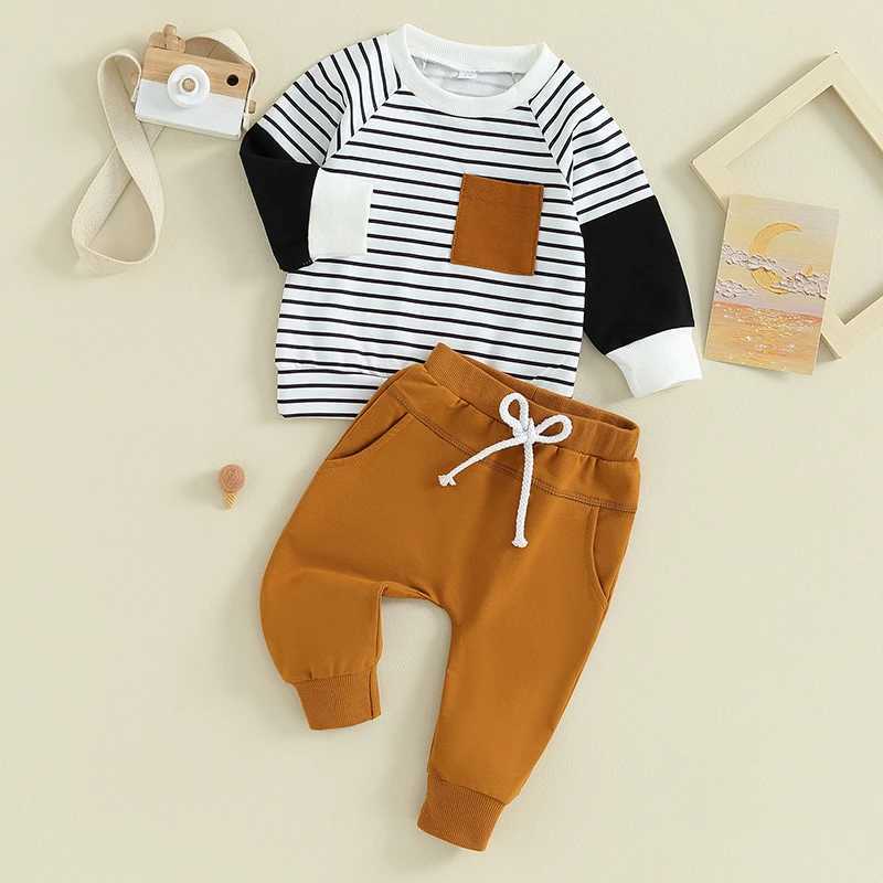Clothing Sets Toddler Baby Boy Fall Clothes Stripe Print Long Sleeve Pocket Pullover Sweatshirt Elastic Waist Pants 2Pcs Warm Infant Outfits