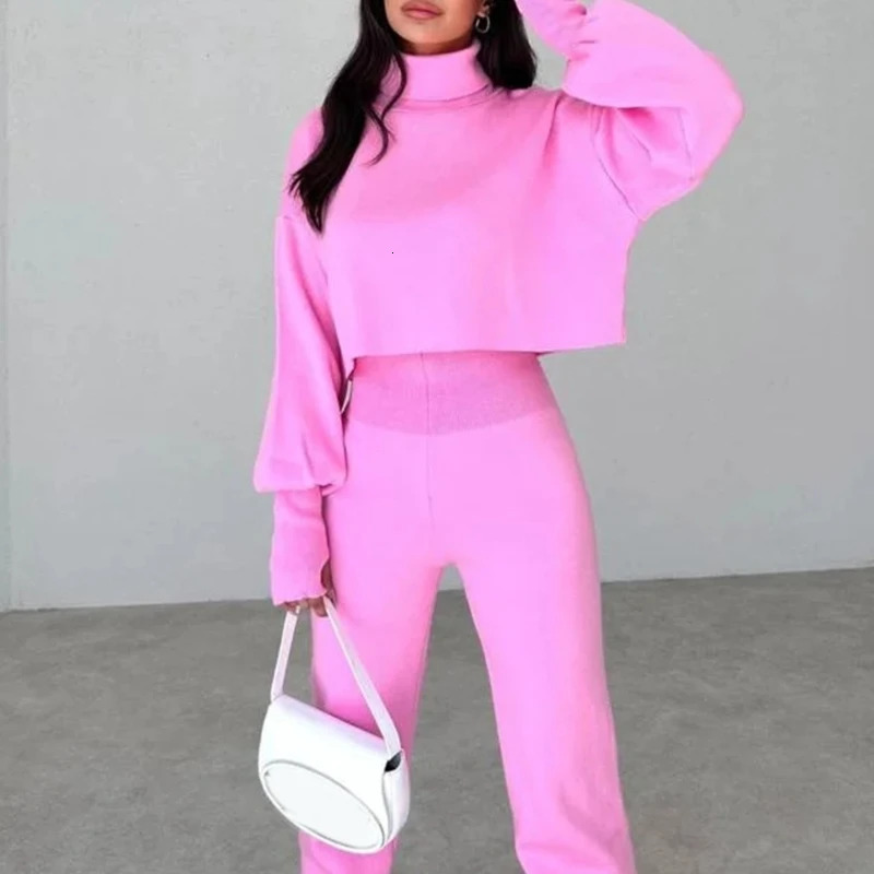 Womens Fall Solid Knitted 2 Pieces Set Long Sleeve Turtleneck Pullover Sweater Top and High Waist Pants Loose Outfits N7YD 240712