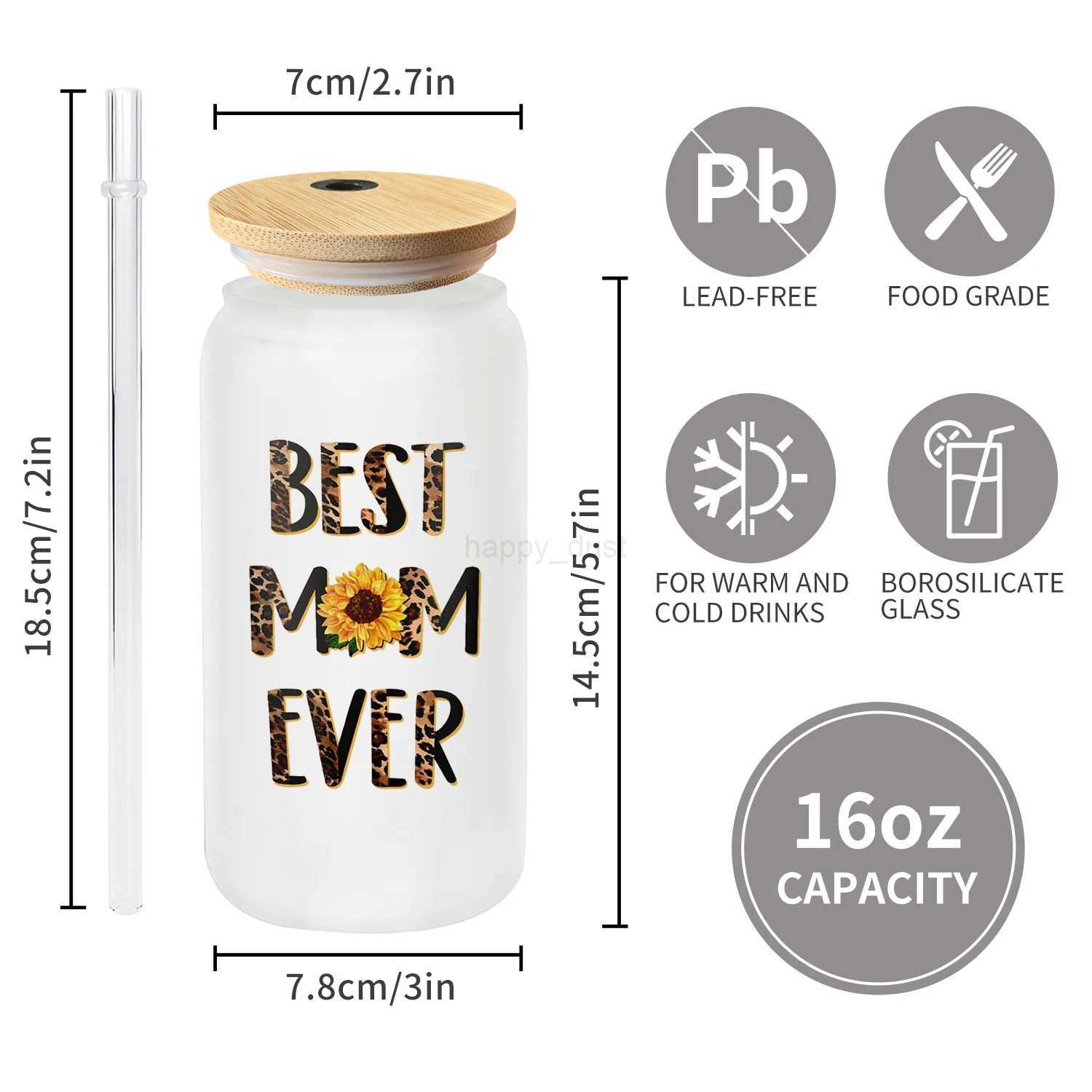 Best Mom Ever Glass Cups 16oz Glass Coffee Cups With Bamboo Lids And Straw Mother Water CupsSummer Winter Drinkware.CL240715