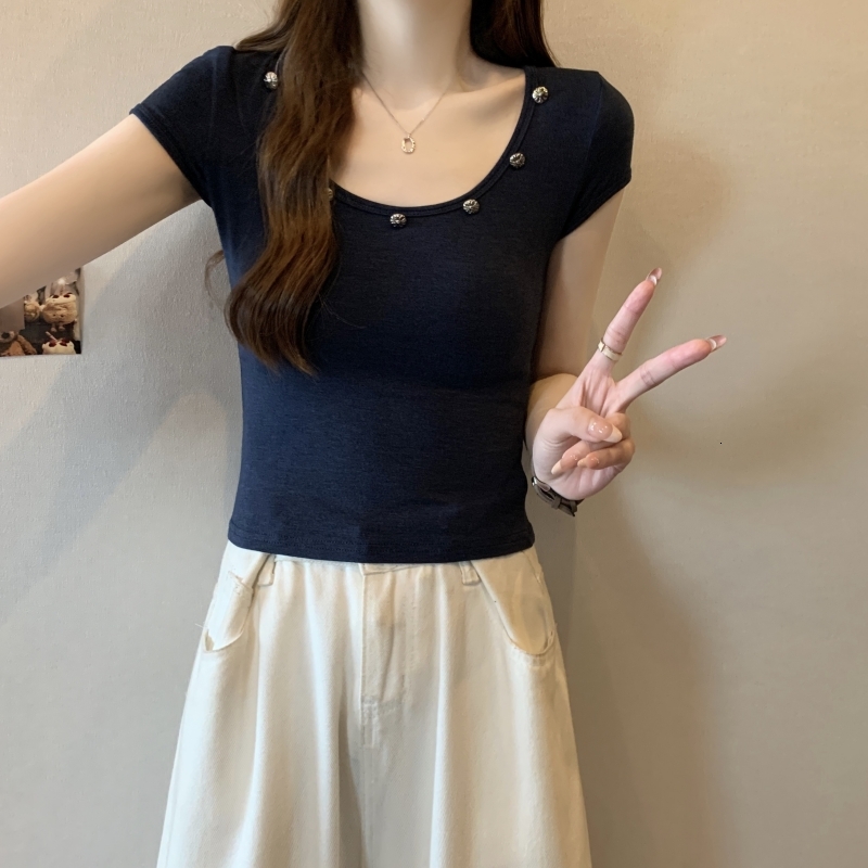 40 count pure cotton 2024 summer clothing button short sleeved T-shirt for women's niche