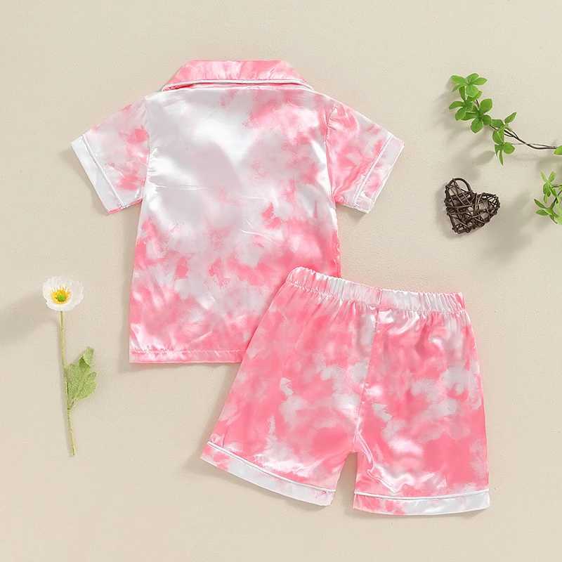 Clothing Sets 2024-04-18 Lioraitiin Kids Girls Summer Pajama Sets Short Sleeve Lapel Tie Dye Print Shirt Shorts Sleepwear Casual Homewear