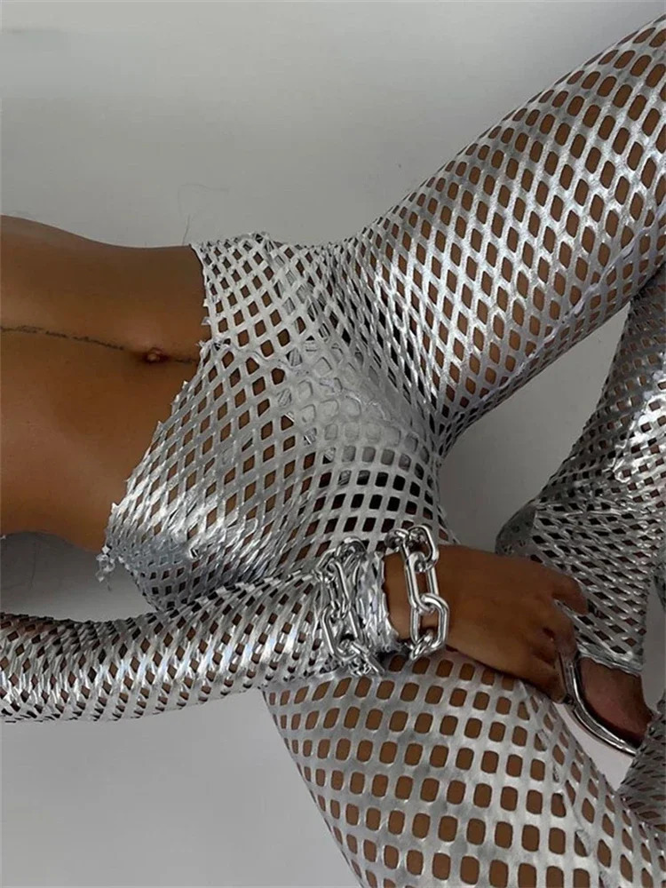 Women Sexy Hollow Out Hole Streetwear Tracksuit Simple Slim Stretch Silver Two Piece Set Female 240627