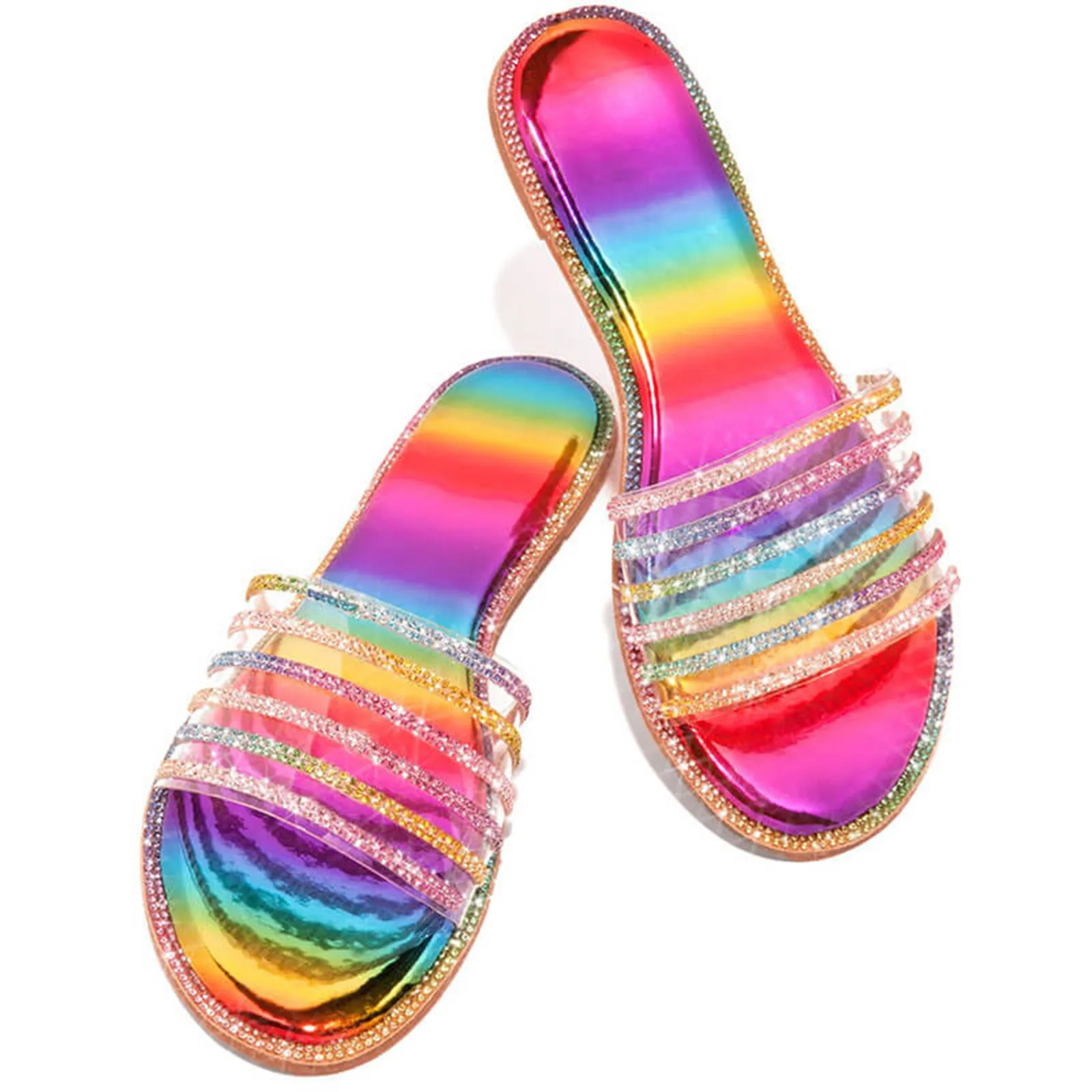 Women Outdoor Slippers Fashion Summer Crystal Jelly Shoes Arrival Round Toe Flat Bottom Ladies Party Dressy Shiny Sandals 240708