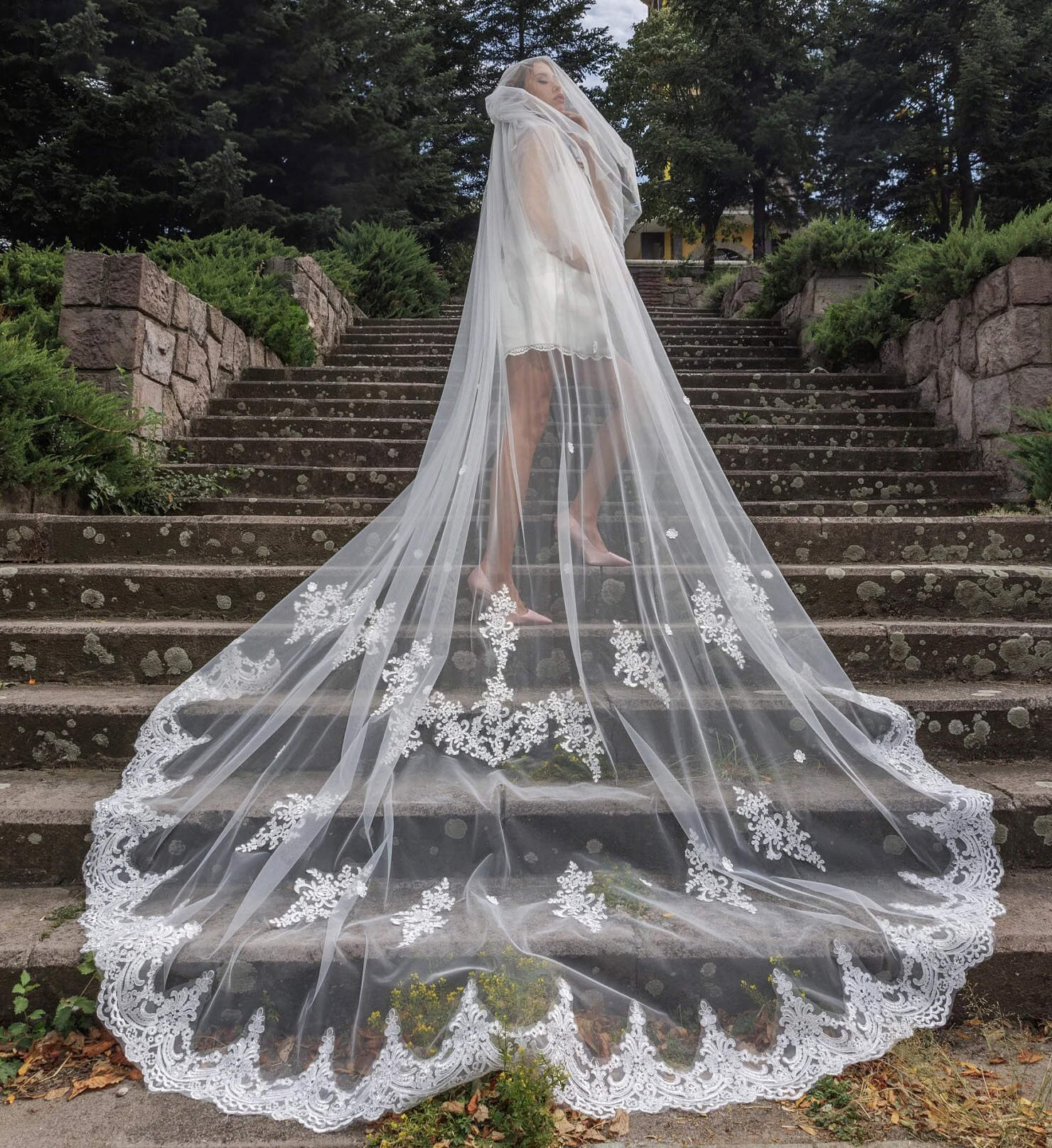 White Ivory Lace Edge Veils Cathedral Length Wedding Bridal Veil 1 Tier Long Voile Mariage Tulle Veu De Noiva
