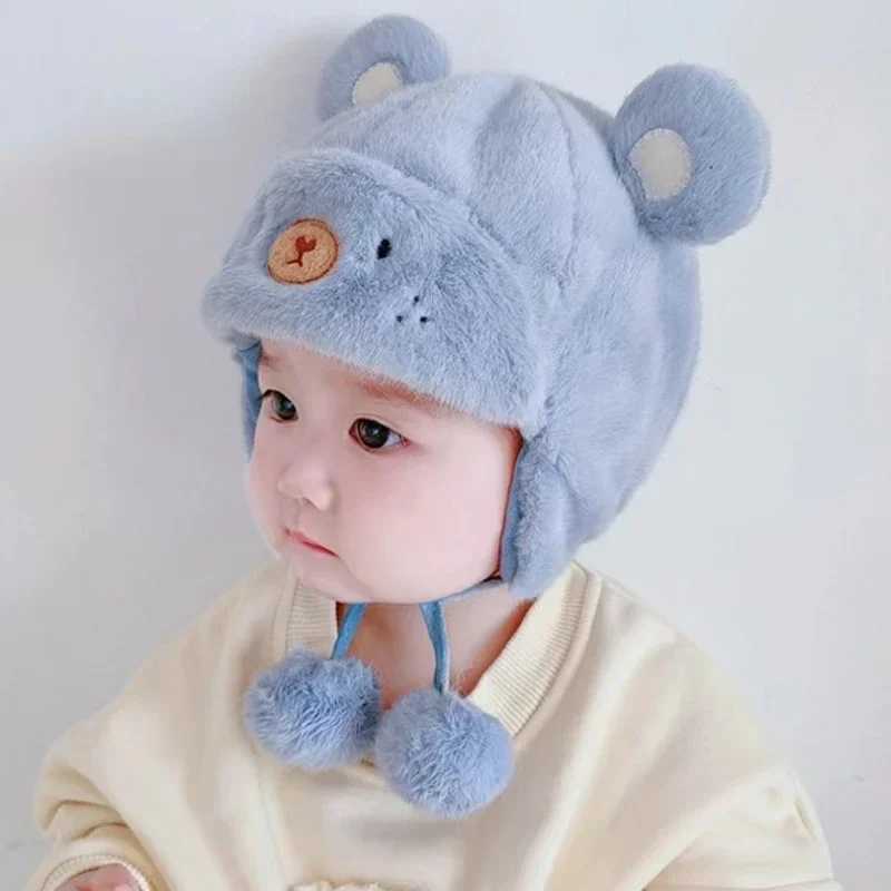 Cute winter warm childrens girl boy baby hat wool hem hat solid wool earmuffs with balls soft newborn hatW240715