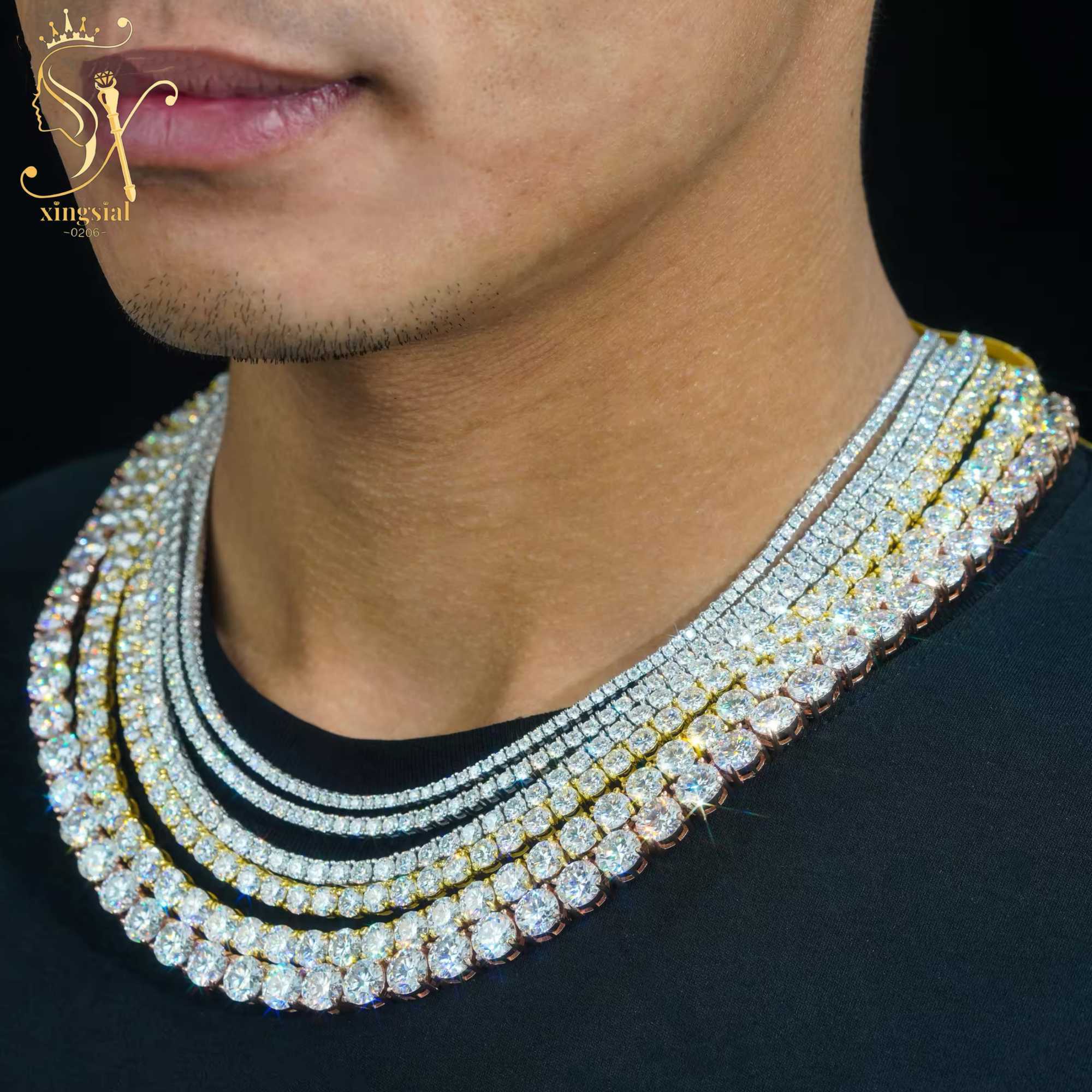 sial passed dia tester 5.0mm VVS DEF round shape gold plated women men moissanite sier tennis chain necklace