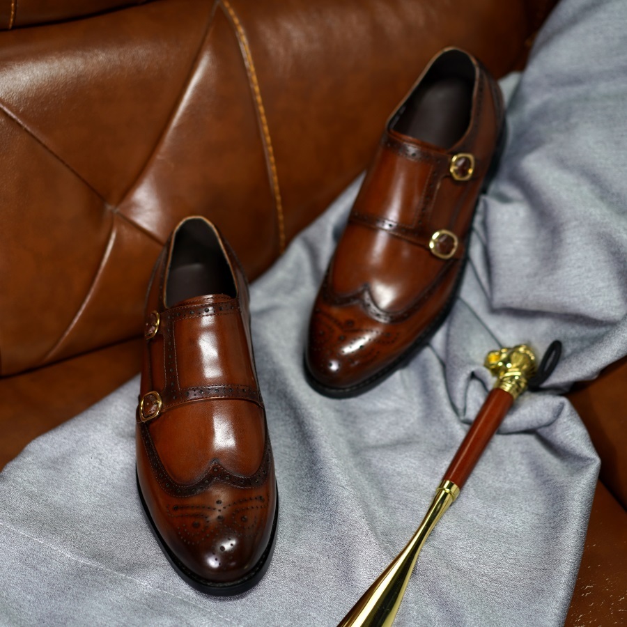 Classic Men Genuine Leather Dress Brogue Double Monk Strap Metal Buckle Business Office Wedding Formal Shoes