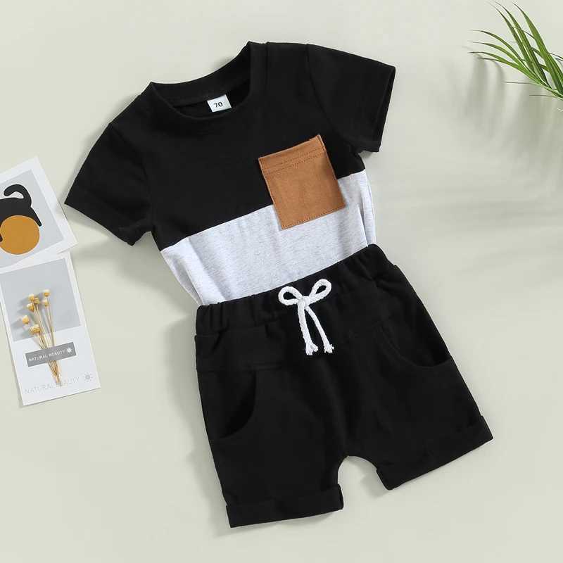 Clothing Sets 2023-02-01 Lioraitiin 0-3Years Toddler Boys 2Pcs Summer Outfit Sets Short Sleeve Contrast Color Tops Solid Drstring Shorts