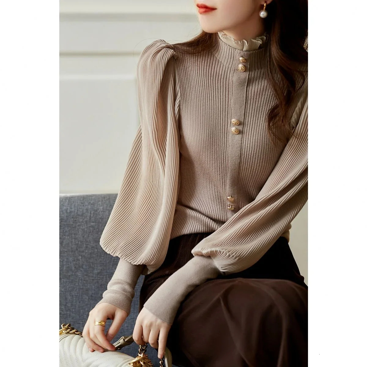 Autumn Korean Vintage Half Turtleneck Cardigan Women Long Sleeve Single Breasted Sweater Japanese Sweet Slim Fit Tops 240712