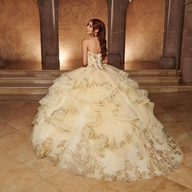 2025 Champagne Quinceanera Ball Gown Long Sleeve Gold Lace Appliques Ruffles Sweet 16 Dress Vestidos De XV Anos