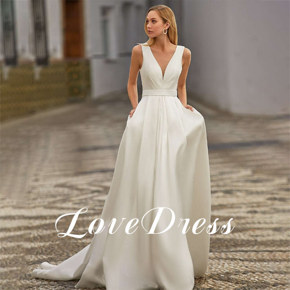 LoveDress Deep V-Neck Sleeveless Wedding Dress For Women Pleats A-e Simple Button Bride Gowns Satin Train Vestido de novia
