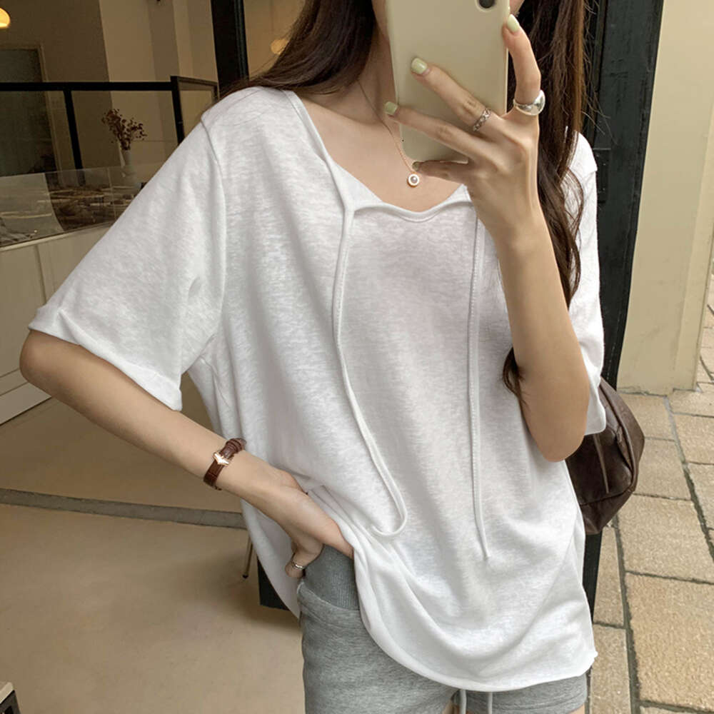 Snowflake cotton linen loose tie short sleeved T-shirt for women's summer 2024 new lazy and relaxed top
