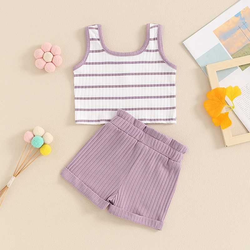 Clothing Sets 2024-04-01 Lioraitiin Toddler Baby Girl Summer Ribbed Set Striped Round Neck Sleeveless Tank Tops Elastic Waist Shorts Outfits