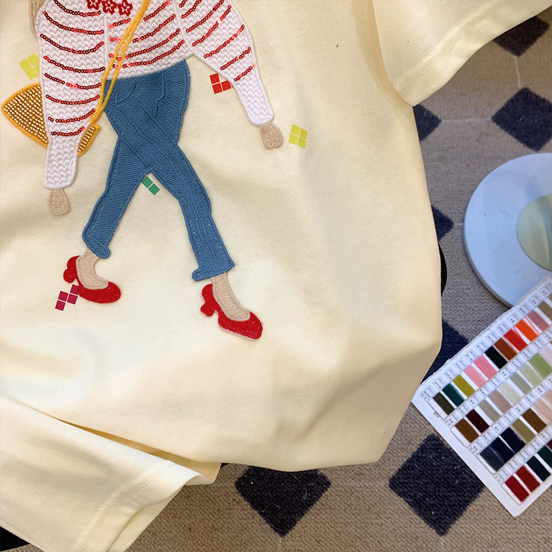 Cotton back wrap 210g combed tight new short sleeved t-shirt female printing+embroidery Tiktok quality