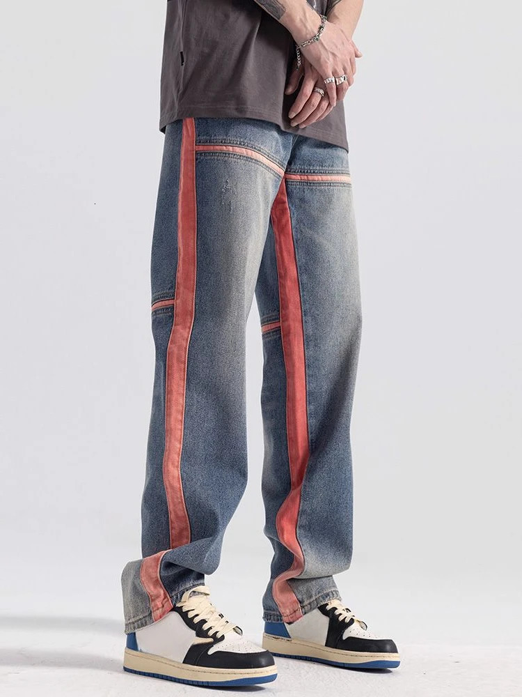 Straight Man Cowboy Pants Spliced Punk Trousers Aesthetic Jeans for Men Spring Autumn Soft Streetwear Harajuku Y 2k Vintage Y2k 240708