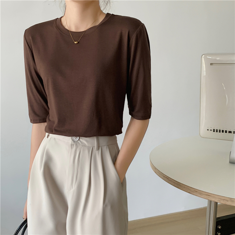 ~2024 Spring T-shirt Women's Round Neck Short 2022 New Thin Modal Medium Sleeve Base Shirt Slim Fit