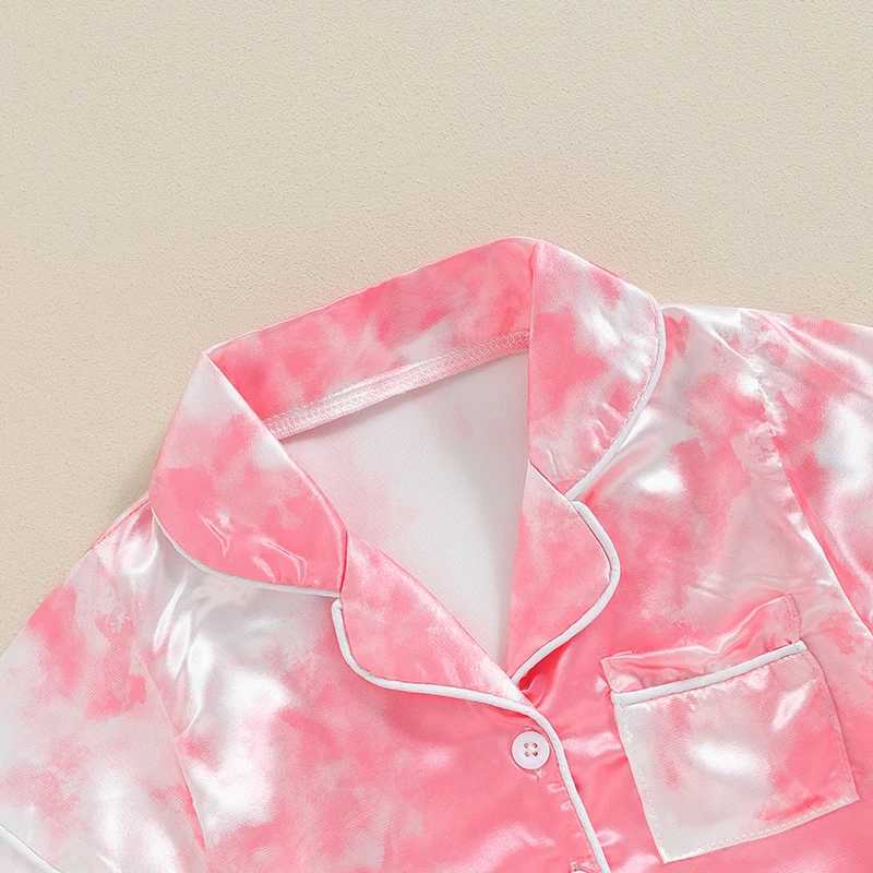 Clothing Sets 2024-04-18 Lioraitiin Kids Girls Summer Pajama Sets Short Sleeve Lapel Tie Dye Print Shirt Shorts Sleepwear Casual Homewear