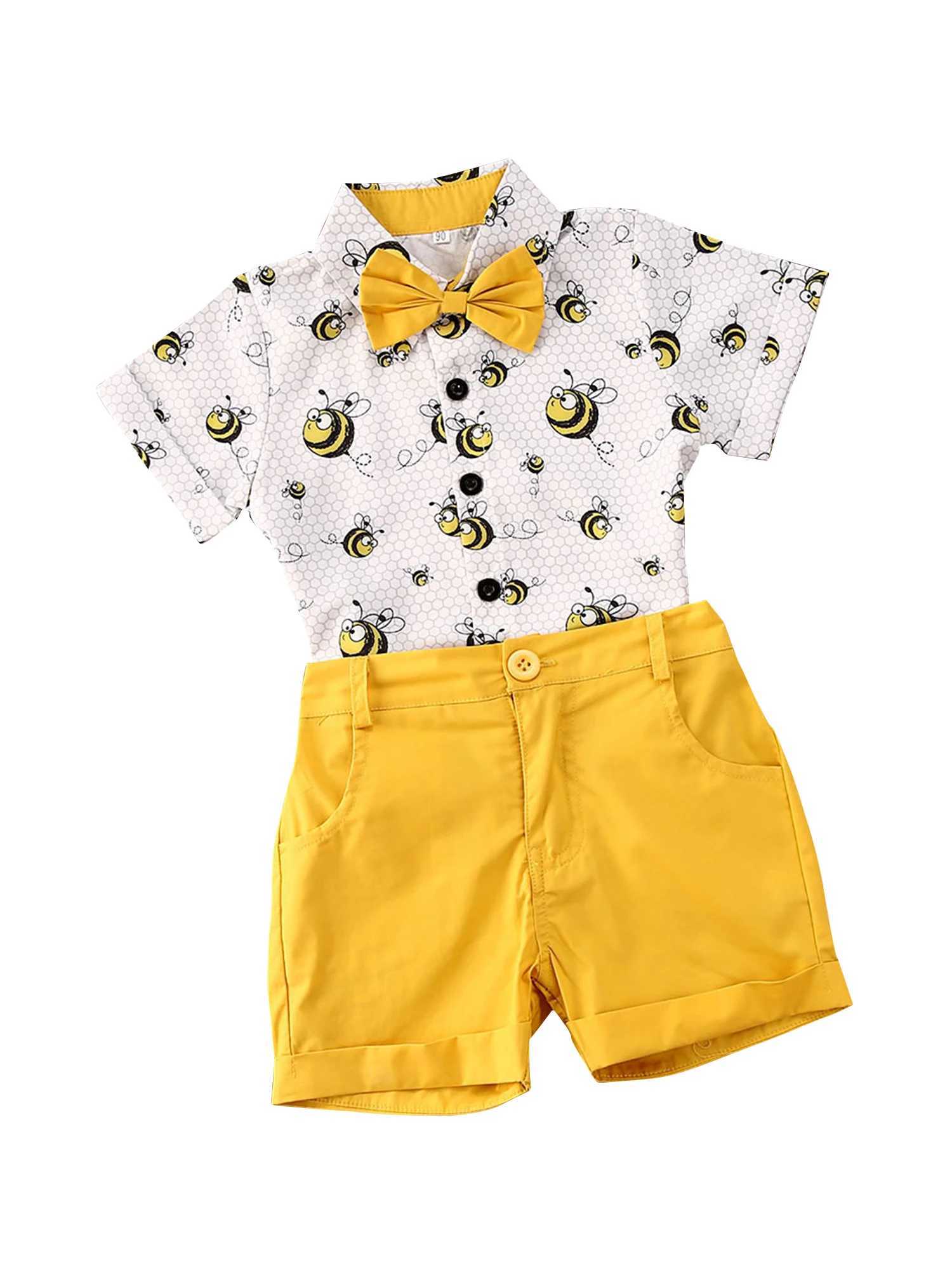 Clothing Sets Lioraitiin 0-6Years Baby Boys Summer Clothes Set Short Sleeve Lapel Bee Print Tie Button Shirt Solid Color Shorts