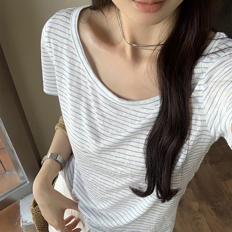 This year's popular beautiful temperament off shoulder wide neck short sleeved T-shirt for women's summer 2024 new versatile top