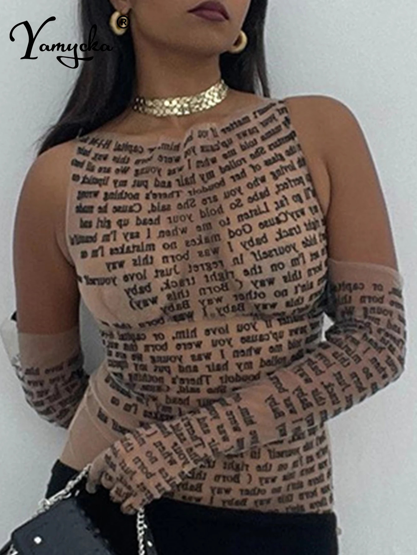 Sexy see through letter print crop top summer y2k top women clothes long sleeve tees cropped tops camisas tshirt womans clothing 240710