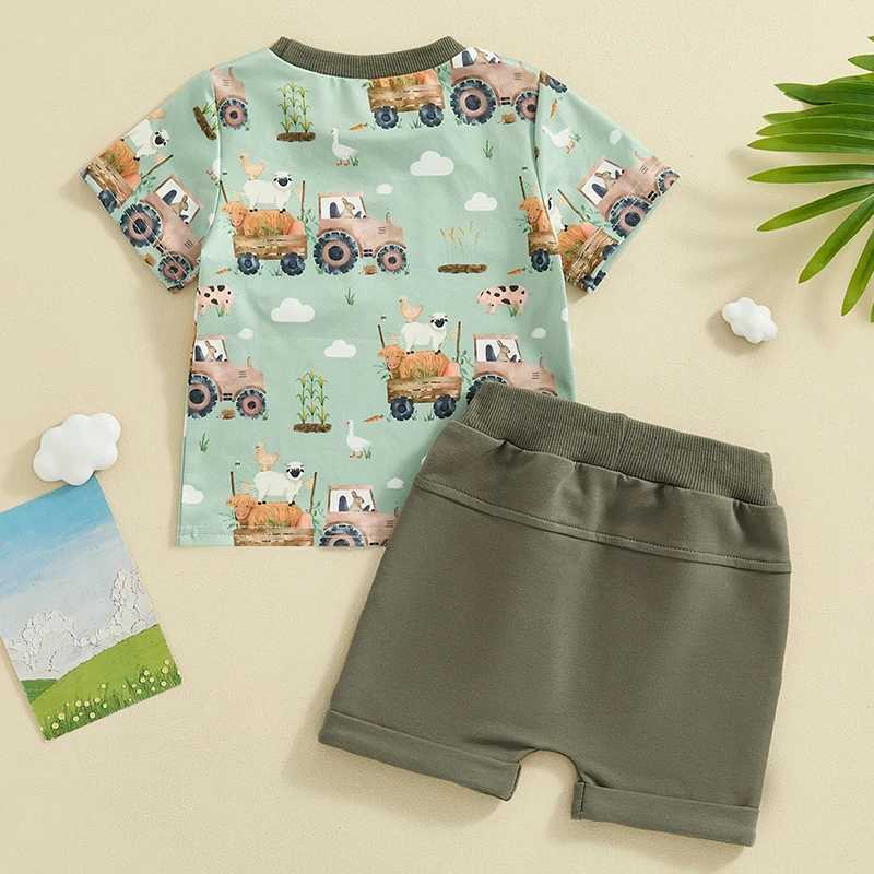 Clothing Sets 2024-03-26 lioraitiin 0-3Y Toddler Boy Summer Outfit Truck Print Short Sleeve Pocket T-Shirt with Solid Color Shorts