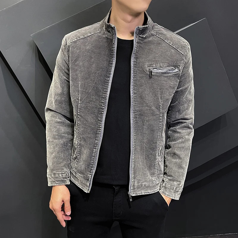 Spring and Autumn Fashion Jean Jackets for Men Stand Collar Zipper Denim Coats Men Retro Simple Slim Casual Denim Jacke 240712