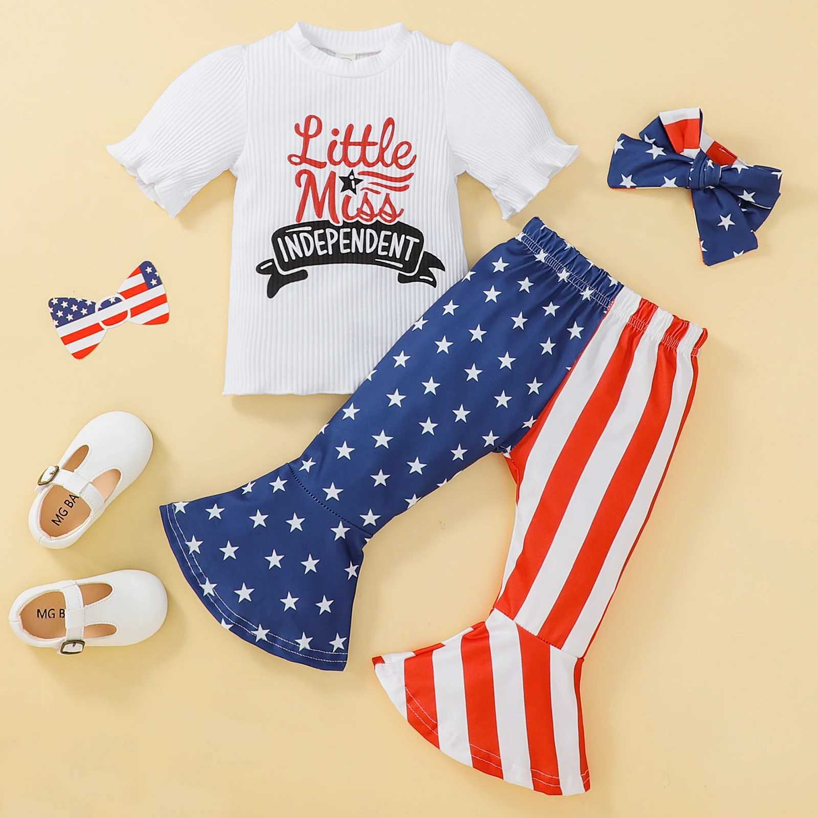 Clothing Sets 2022-03-29 Lioraitiin 0-4Years Toddler Girls 3Pcs Clothes Letter Printed Ribbed Tops Stripe Stars Printed Flare Pants Headband
