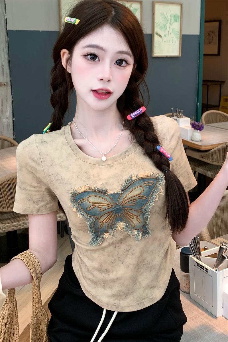 #Large size chubby MM American tie dye T-shirt for women 2024 summer wear with pleated waist and short sleeved design, butterfly top