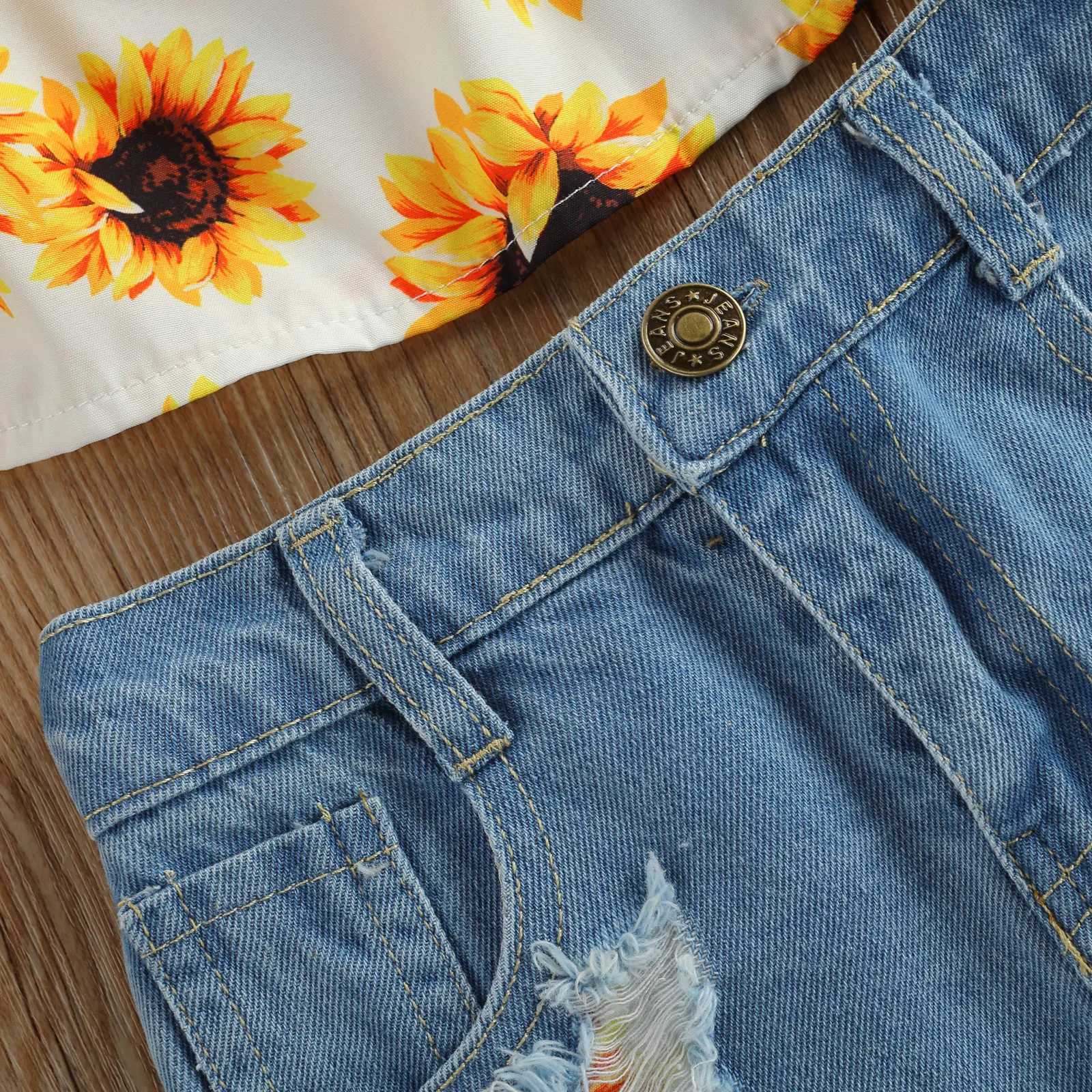 Clothing Sets 2021-01-28 Lioraitiin 1-6Years 2Pcs Set Kids Girls Clothing Off Shoulder Sunflower Print Short Sleeve Tops+ Denim Shorts