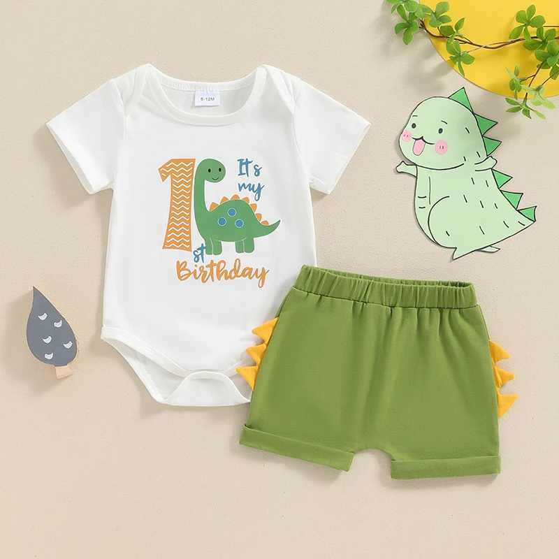 Clothing Sets 2024-04-17 Lioraitiin Baby Boys 2Pcs Birthday Outfits Short Sleeve Dinosaur Print Romper + Shorts Set Newborn Clothes