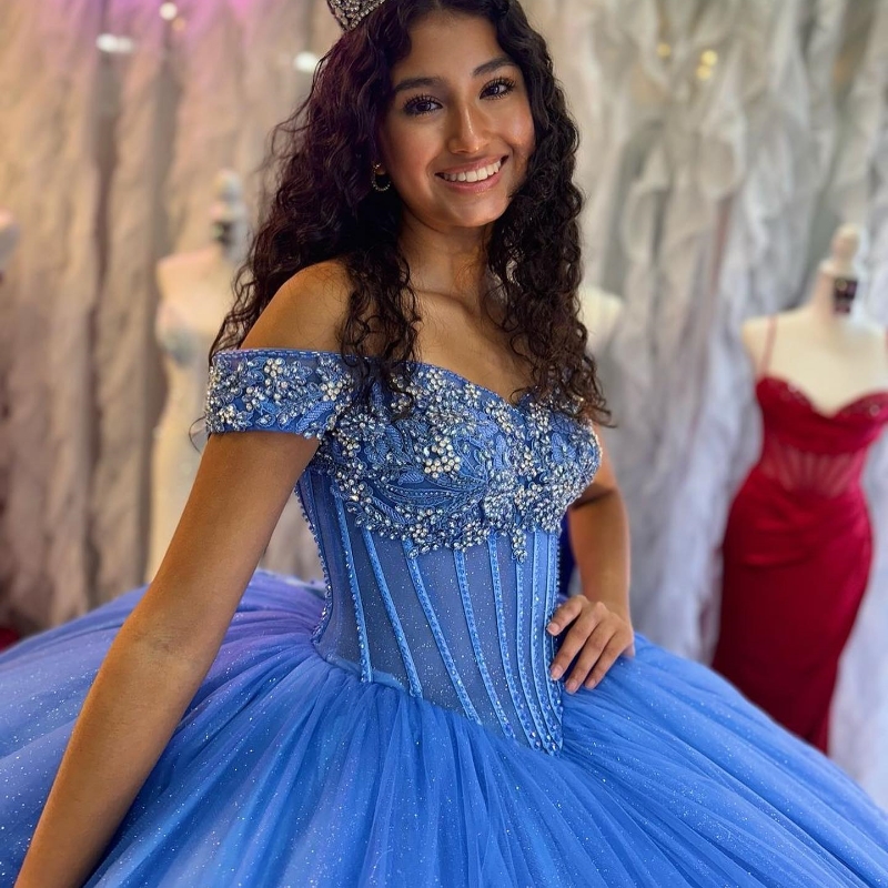 Blue Shiny Princess Quinceanera Dresses Beaded Crystal Tull Ball Gown 16th Birthday Gowns Sweet 16 Vestidos De 15 Anos