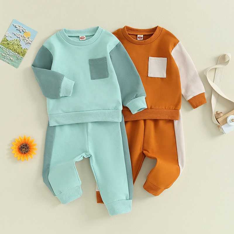 Clothing Sets 2023-09-19 Lioraitiin 0-3Y Baby Boys Pants Set Contrast Color Long Sleeve Crew Neck Sweatshirt +Elastic Waist Sweatpants Clothes