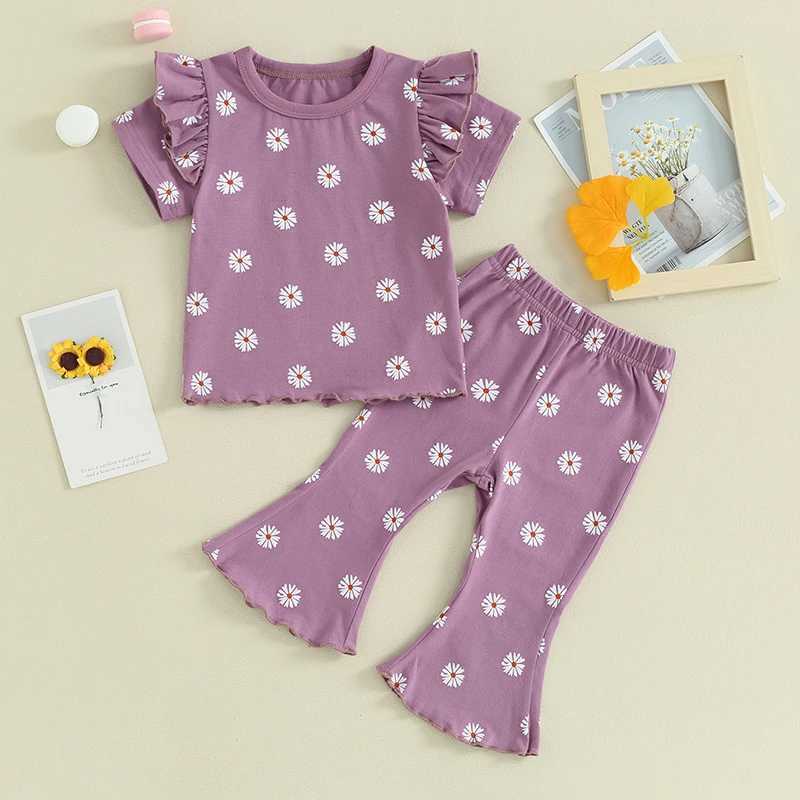 Clothing Sets 2024-01-23 Lioraitiin 1-5Y Toddler Baby Girl 2Pcs Summer Outfits Ruffle Short Sleeve Floral Print Tops + Pants Set Clothes