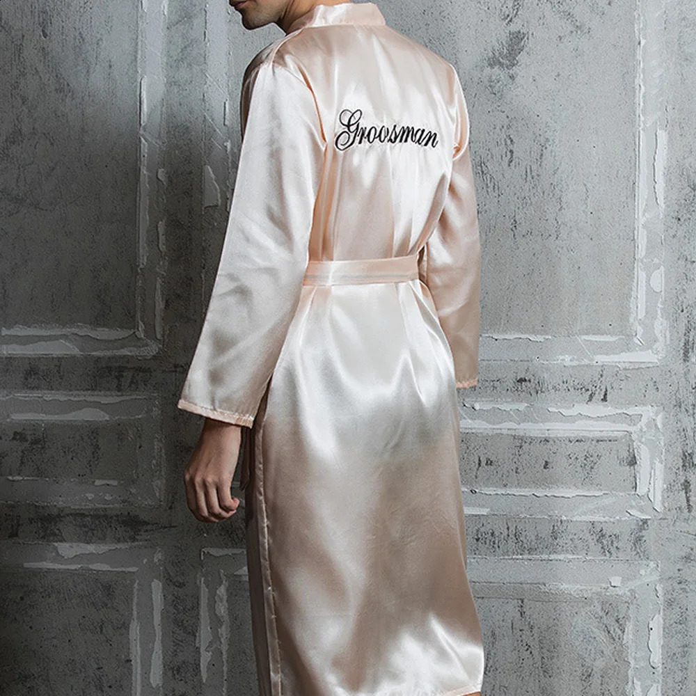 Groom Robe Embroidery Satin Soft Home Bathrobe Nightgown For Men Casual Kimono Groomsman Wedding Party Sleepwear Plus Size 3XL 240713