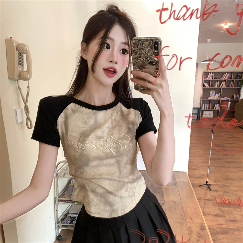 #Large size fat mm tie dye shoulder T-shirt sleeved women's summer short cut irregular cover belly slimming top