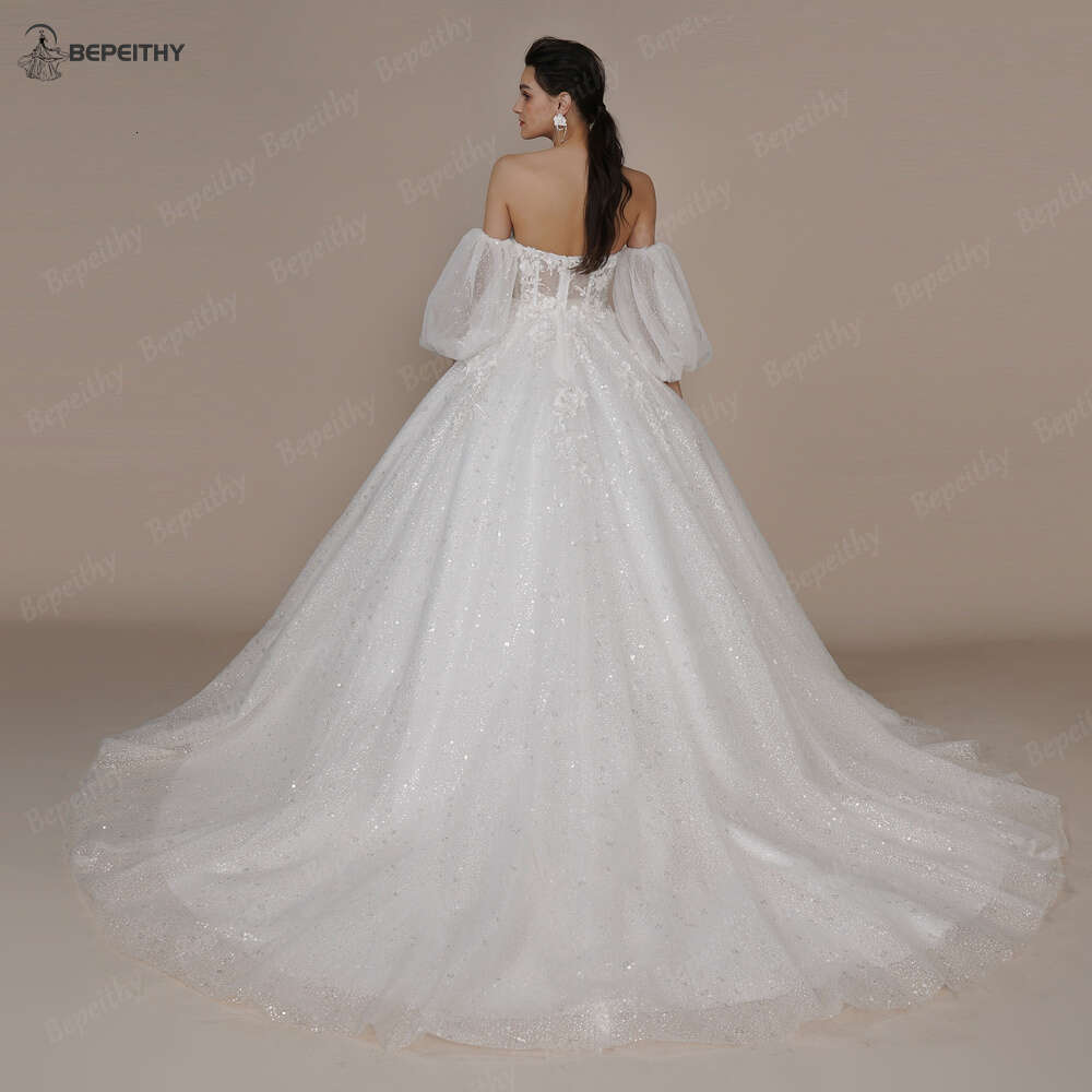 BEPEITHY Princess Strapless Ivory Glitter Wedding Dresses For Women Court Train Bride 3D wer Romantic Shinny Bridal Gown